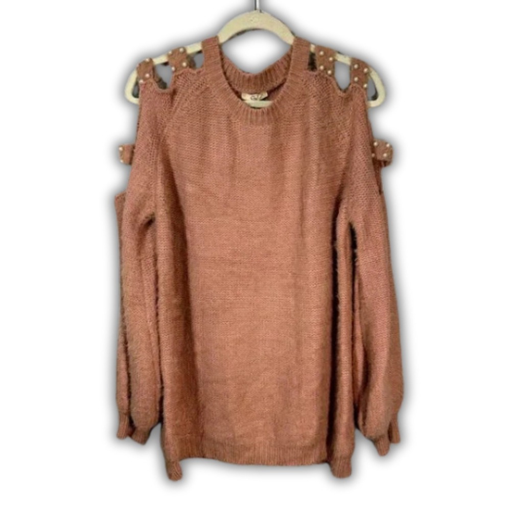 Easel Los Angeles Pink Pearl Cold Shoulder Eyelash Knit‎ Sweater Womens SM